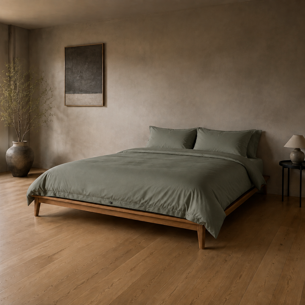 Dusk Duvet Cover Full/Queen in Thyme, lifestyle view