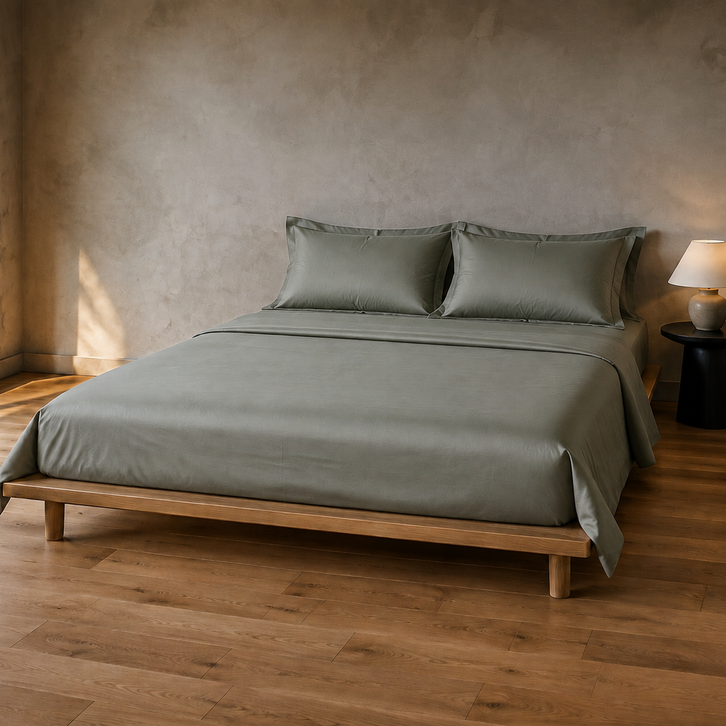 Dusk Sheet Set Full in Thyme, lifestyle view