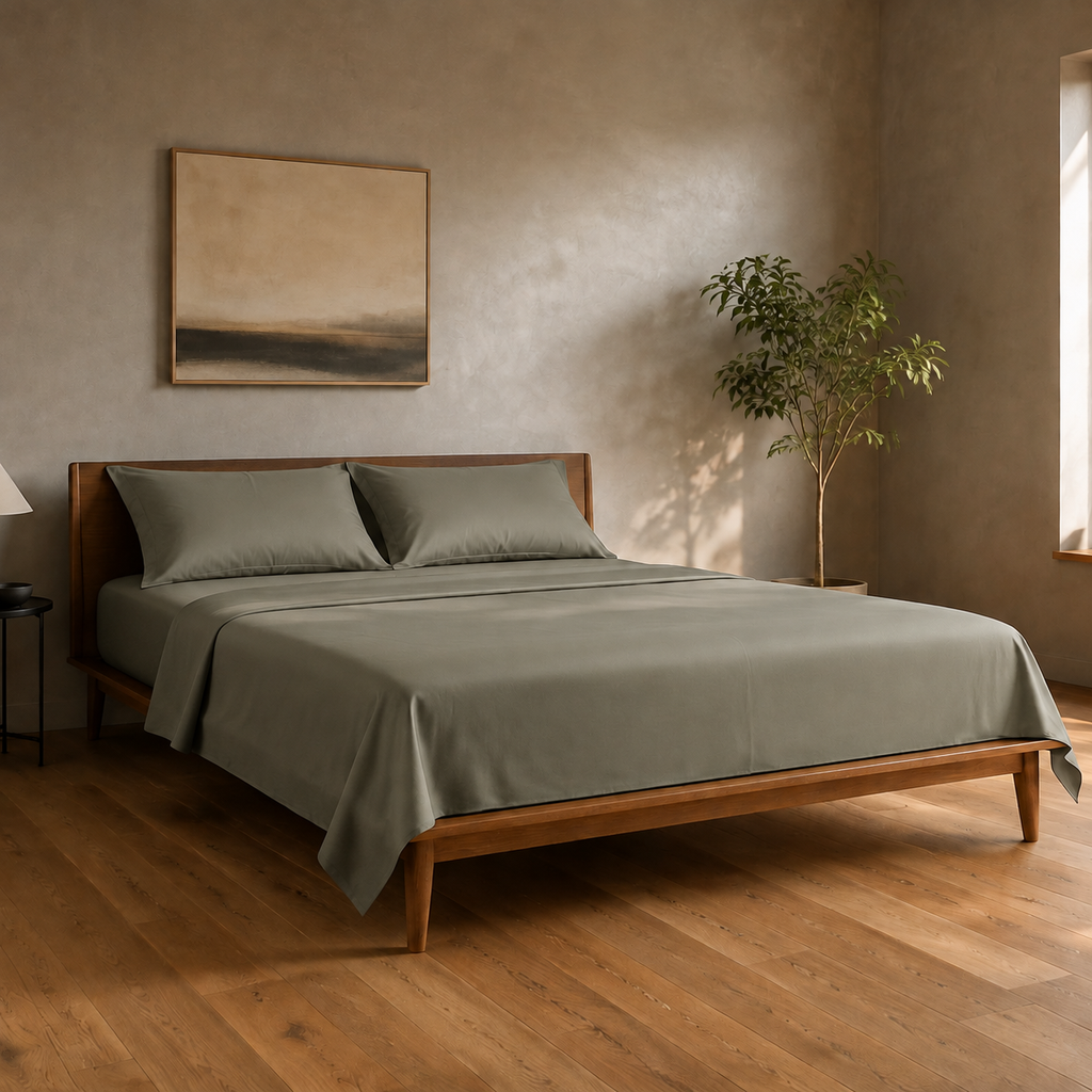 Dusk Sheet Set Queen in Thyme, lifestyle view