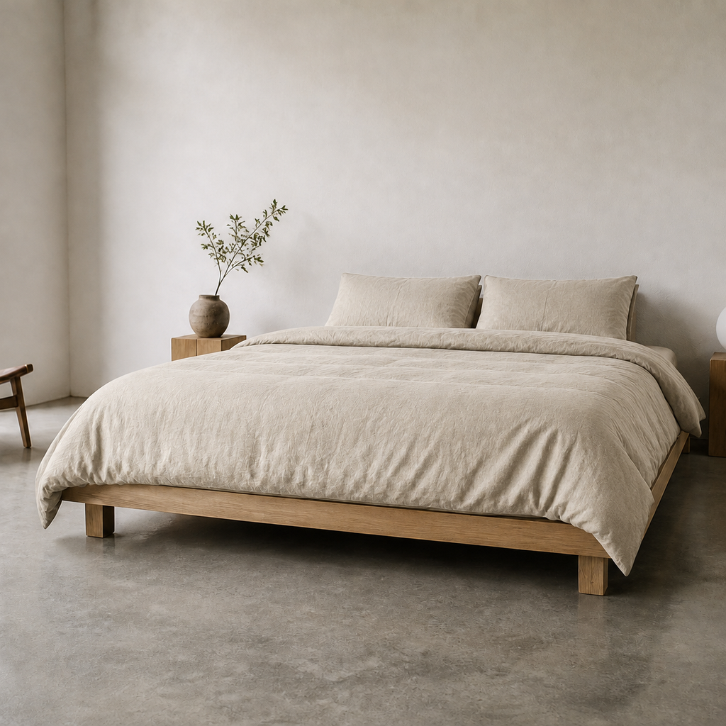 Flax Duvet Cover Full/Queen in Oat, lifestyle view