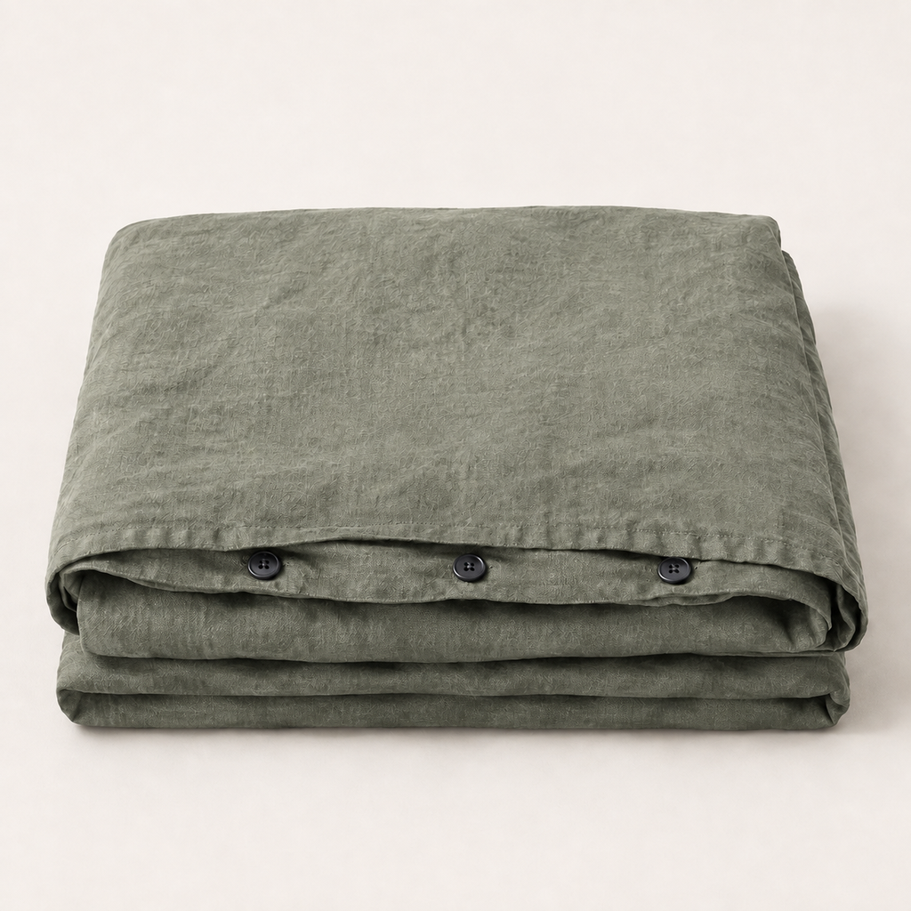 Flax Duvet Cover Full/Queen in Thyme, stack view