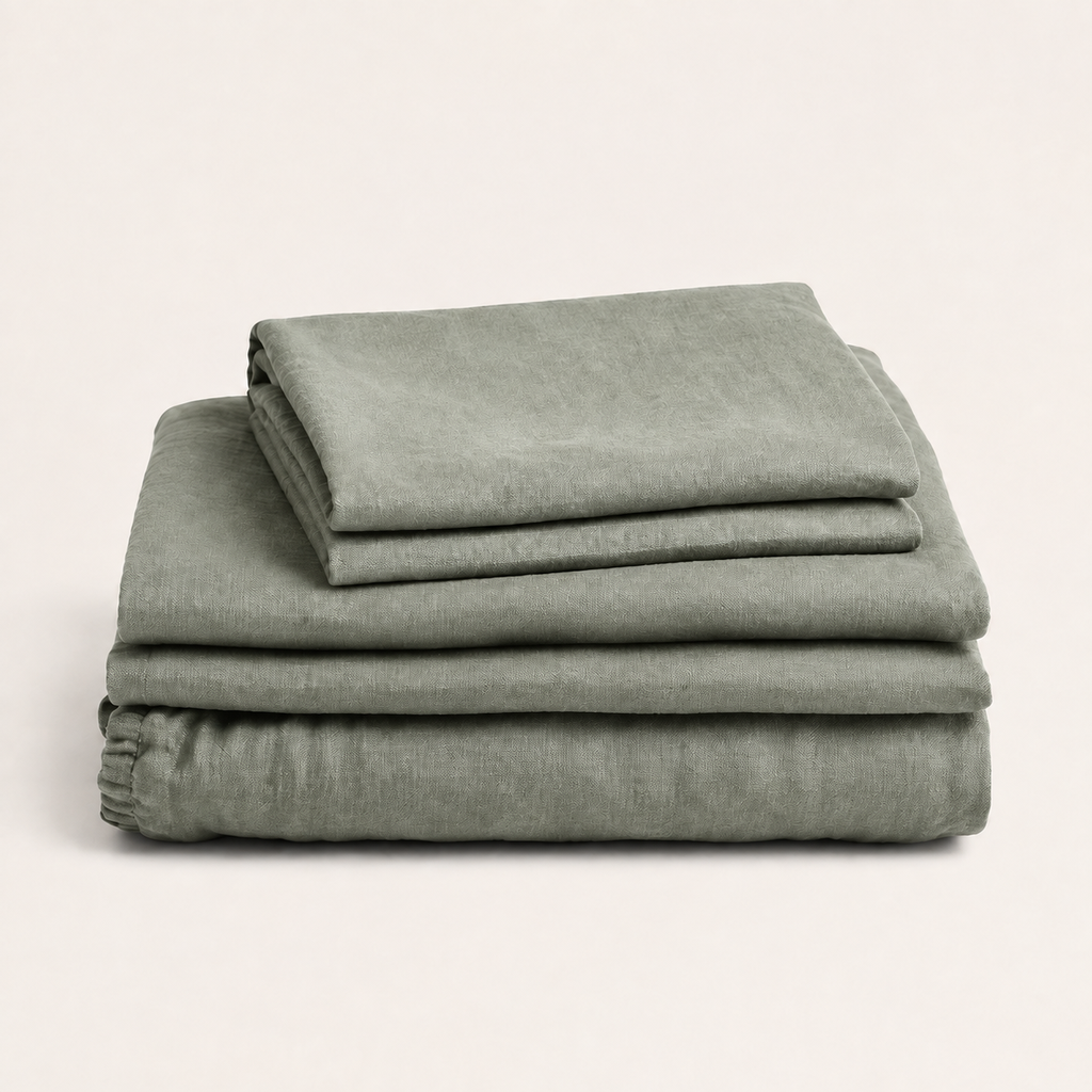 Flax Sheet Set Queen in Thyme, stack view