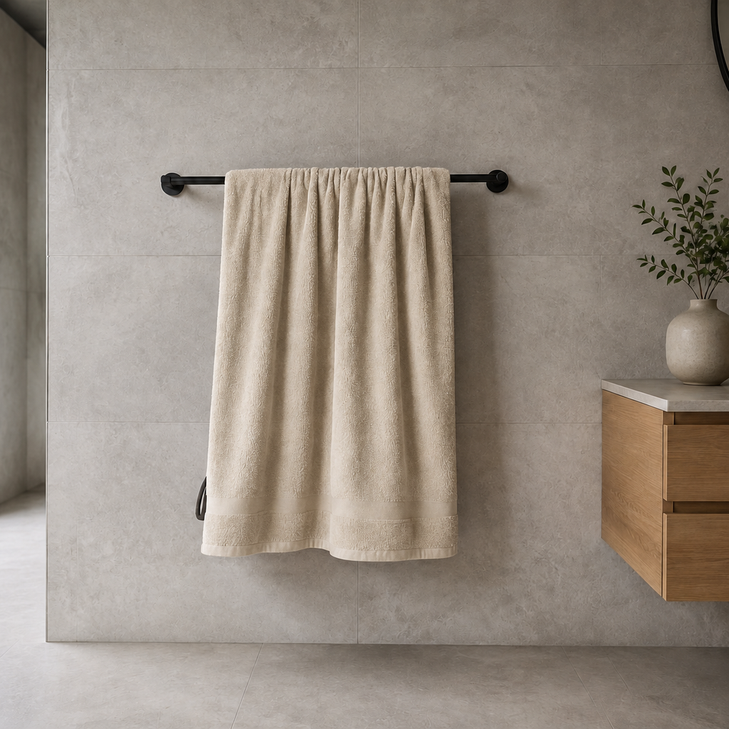 Huck Bath Sheet in Oat, lifestyle view