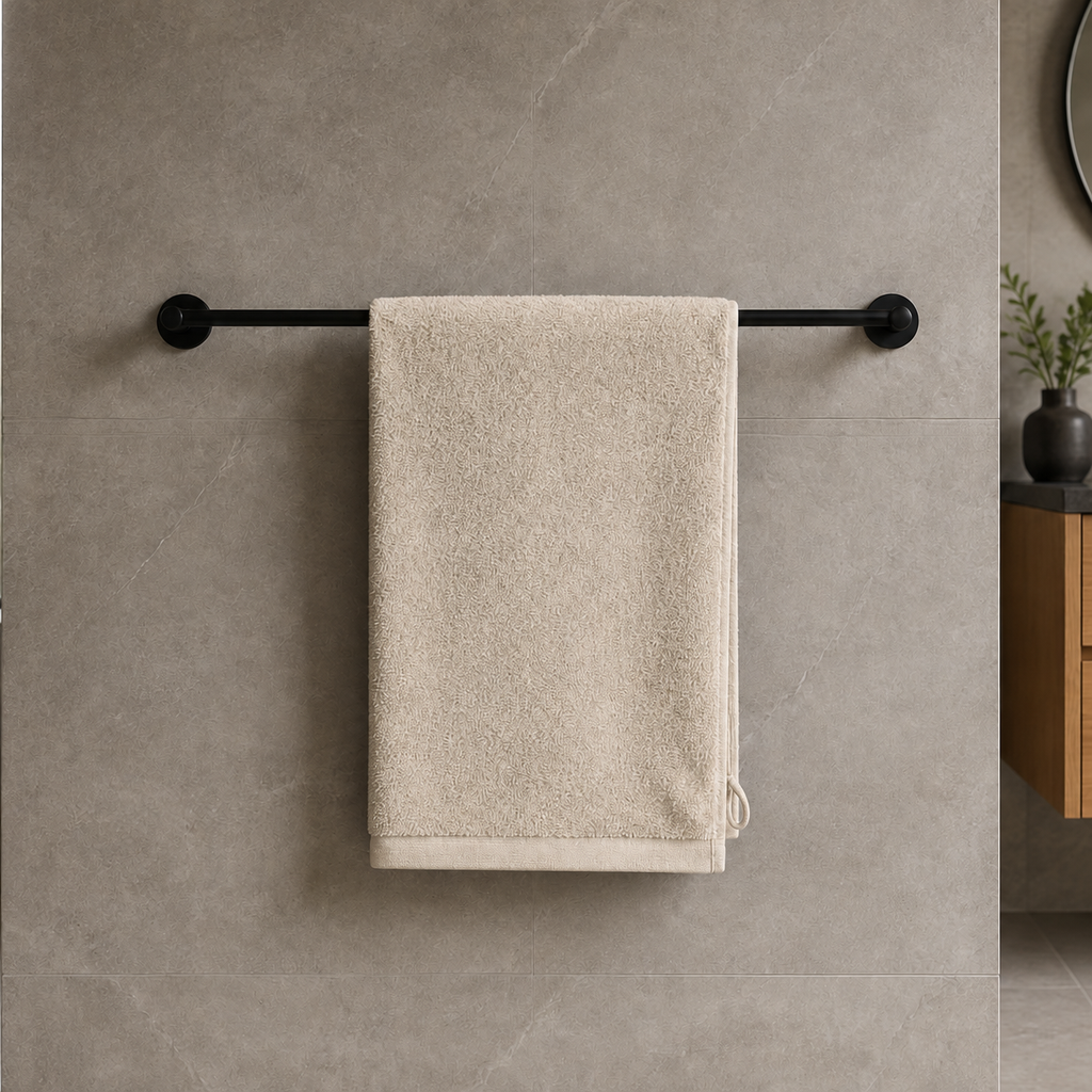 Huck Bath Towel in Oat, lifestyle view
